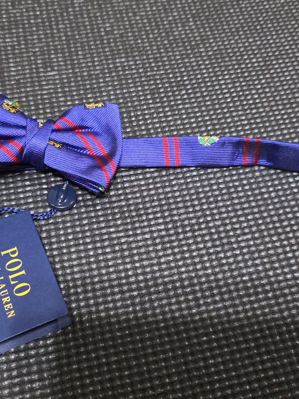 Polo by Ralph Lauren Blue Bow Tie with Red Stripes and Crest